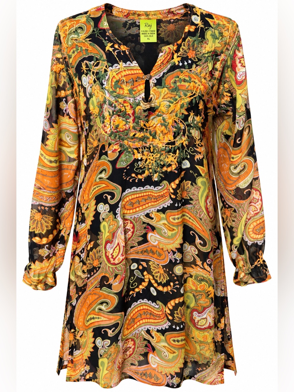 Raj Silk Paisley Embroidered Tunic Dress XL Boho Festival Resortwear Sheer